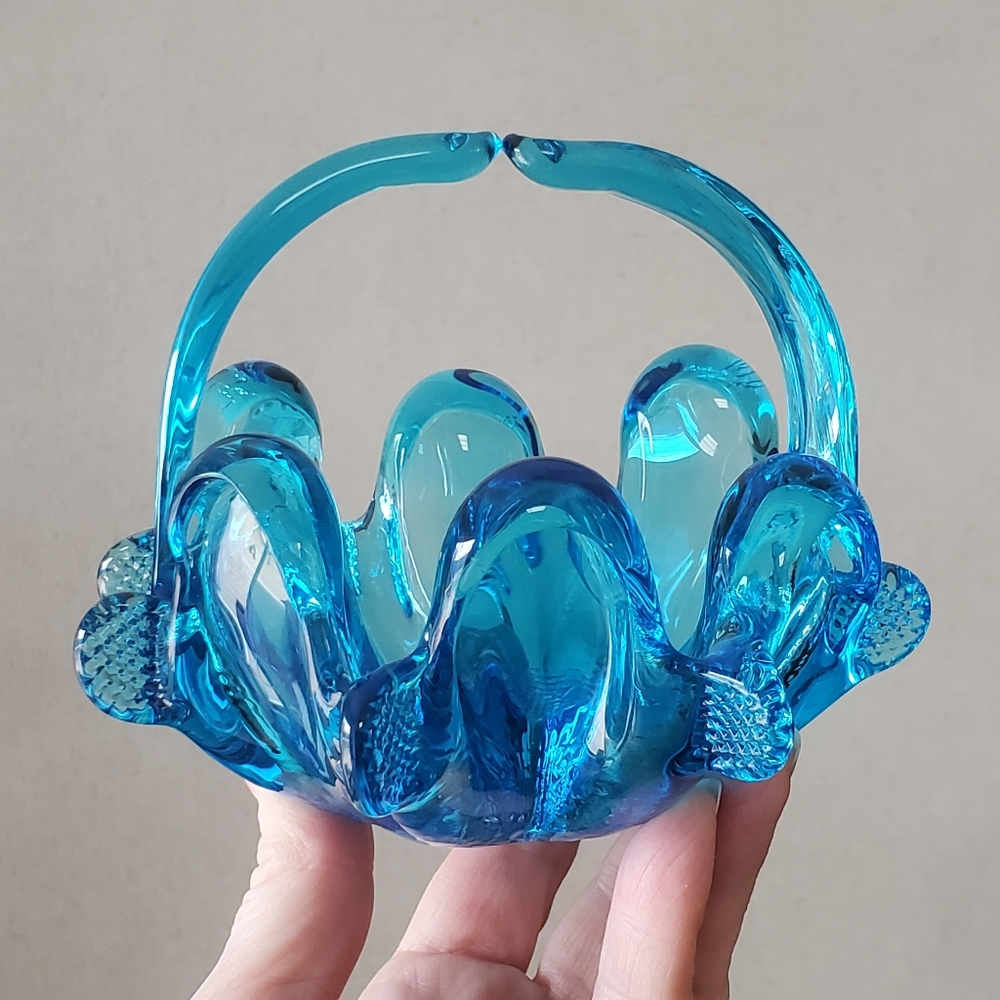 Chalet Art Glass Blue Bomboniere Whimsical Mini Hand Molded Basket